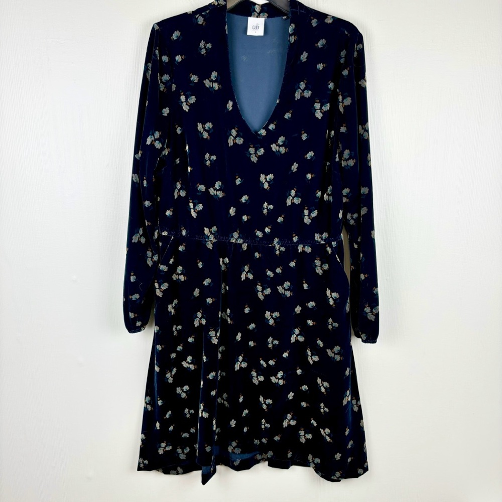 Cabi Dress Womens Large Blue Floral Decked Out‎ Velvet Elastic Waist Belt V-Neck